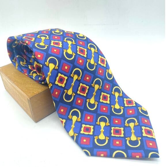 Vintage Gucci Geometric Horsebit Silk Tie Blue Gold Red Made in‎ Italy